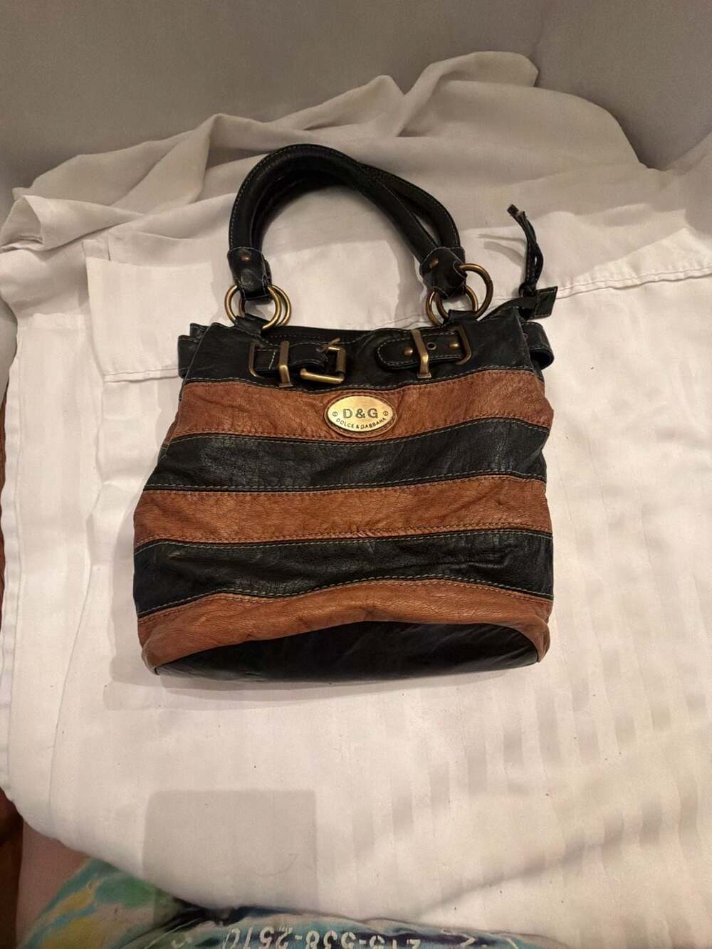 D&G Dolce & Gabbana Striped Leather Hobo Handbag Black Brown - Picture 5 of 5